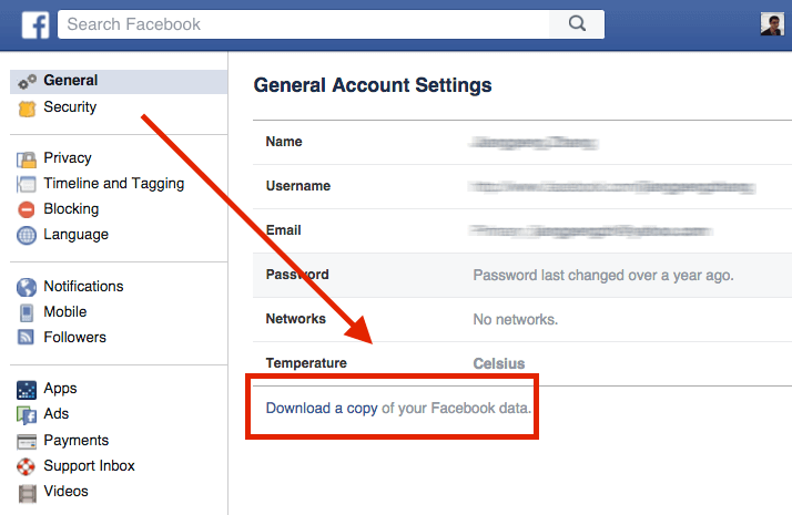 downloading copy of facebook data