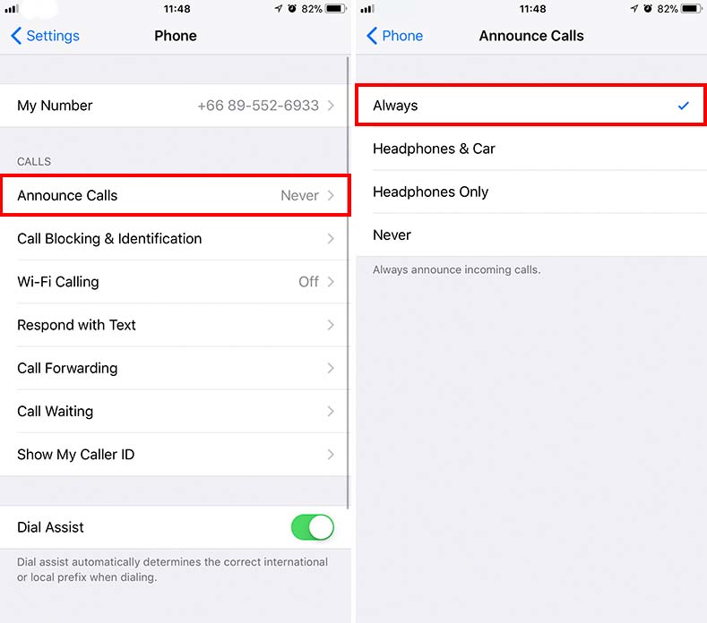 anounce calls settings on iphone