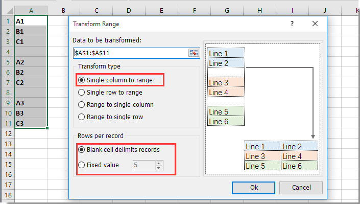 transform range dialog on kutools