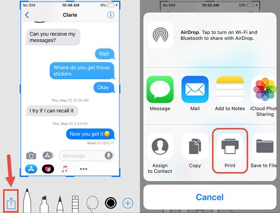 use screenshot to print text messages