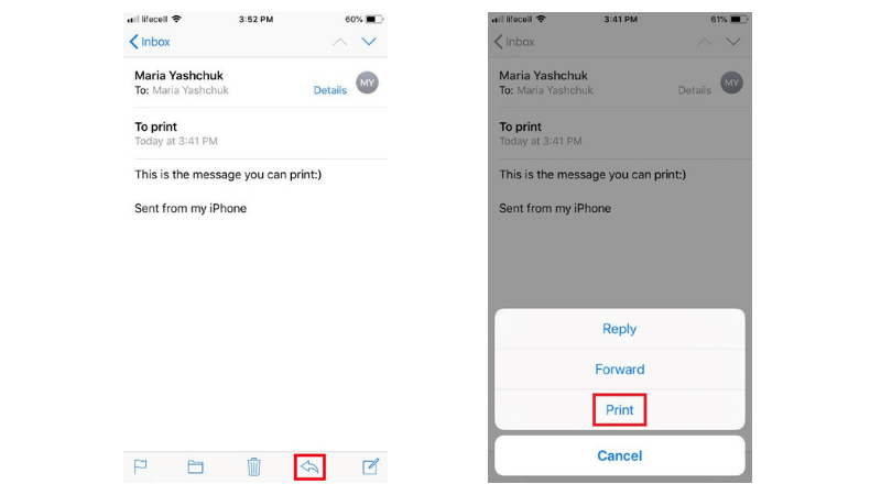 use email to print text messages on iphone