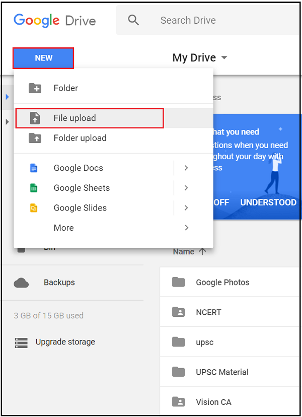file upload options on google doc