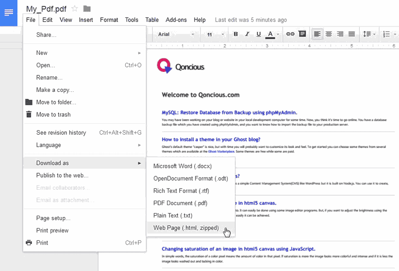 save pdf as html on google drive