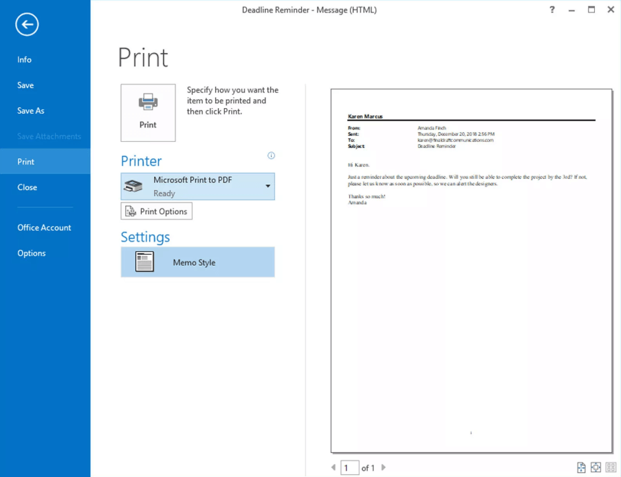 print outlook email to pdf