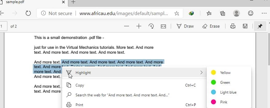 highlight texts in pdf on edge browser