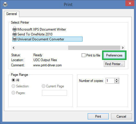 universal document converter select as printer