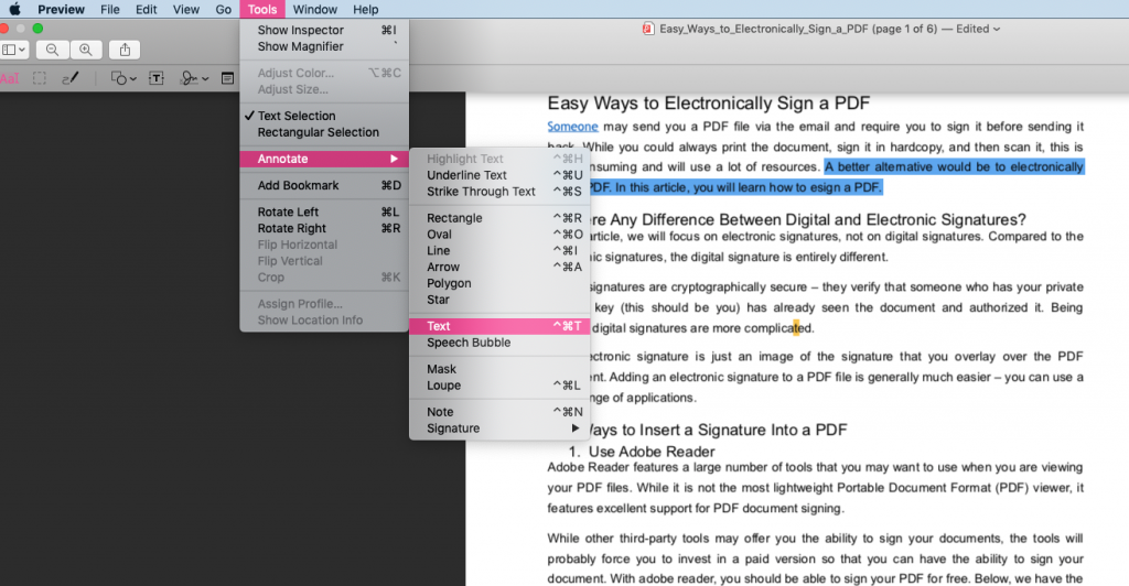 use preview to create texts on pdf