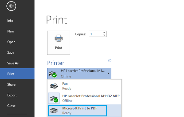 print to pdf feature on windows 10