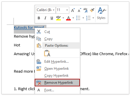 remove hyperlink option in word