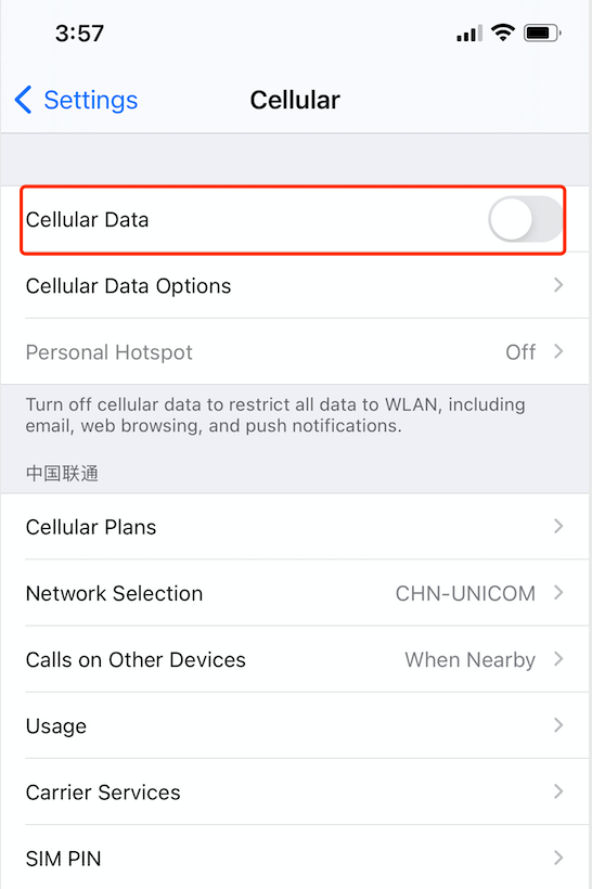 toggle on and off cellular service