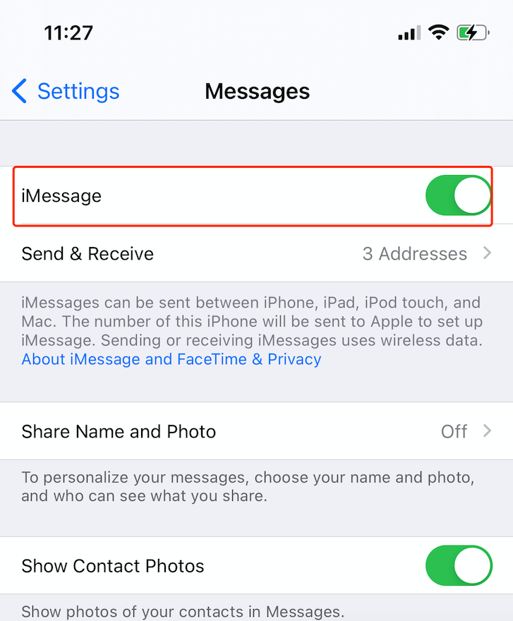 toggle off and on imessage option