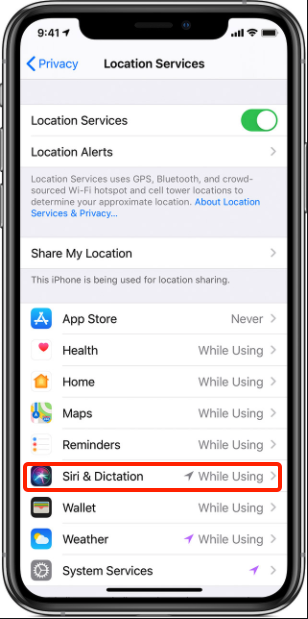 location service for siri is enabled