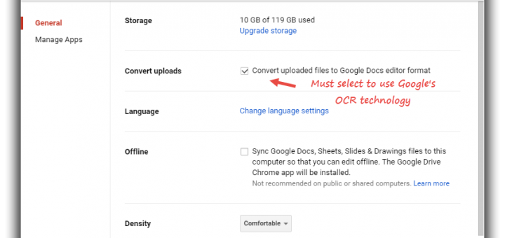 convert uploads settings on google drive