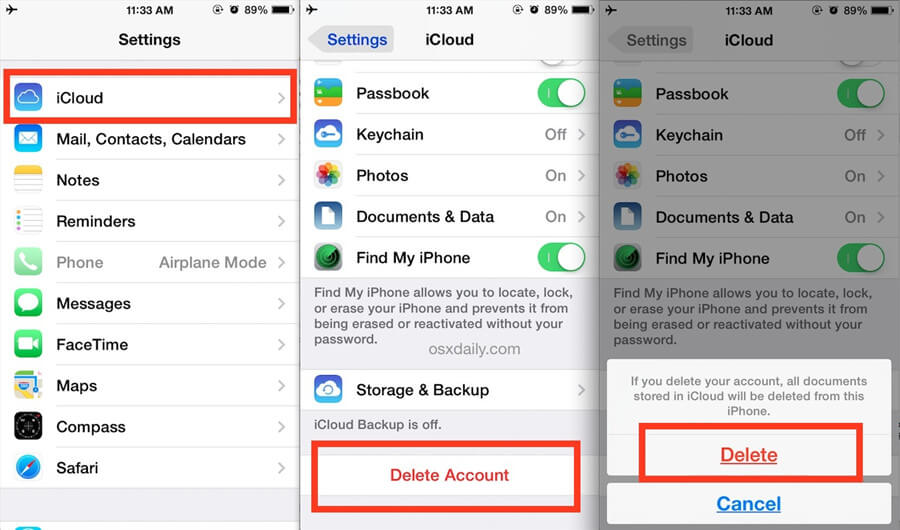 delete icloud accout ios