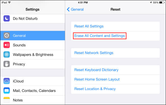 erase ipad from settings