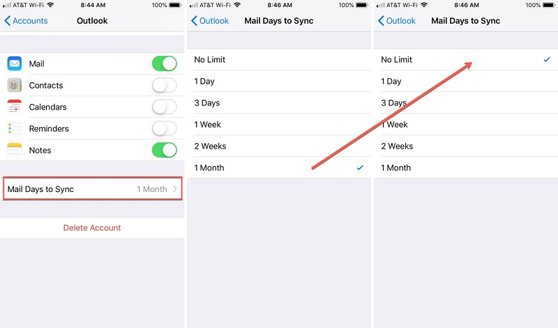 fix hotmail on iphone not working via selecting no limit for mail days to sync settings