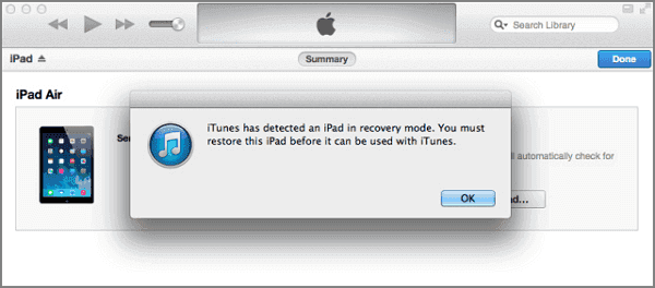 itunes has detected an ipad in recovery mode.