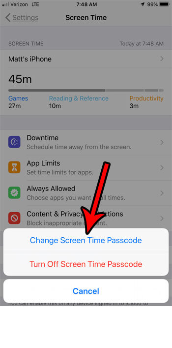 change screen time passcode