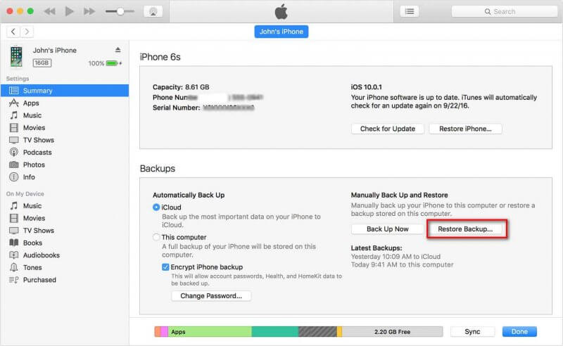 restore backup to iphone