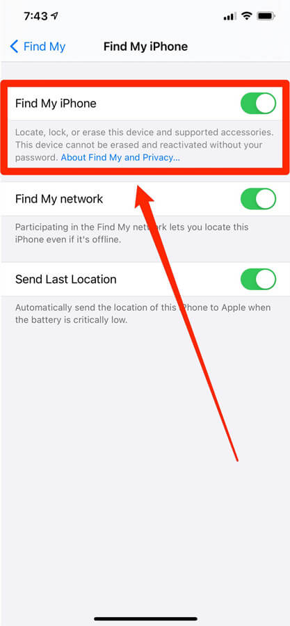 turn on off find my iphone 