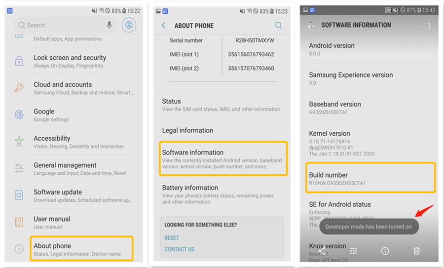 samsung phone turn on developer mode