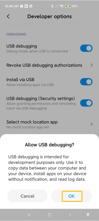 allow usb debugging