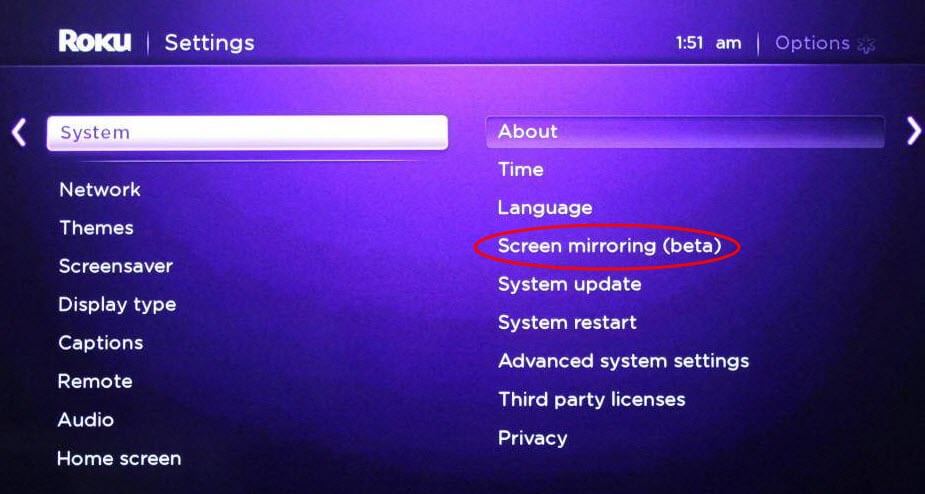 roku screen mirroring settings