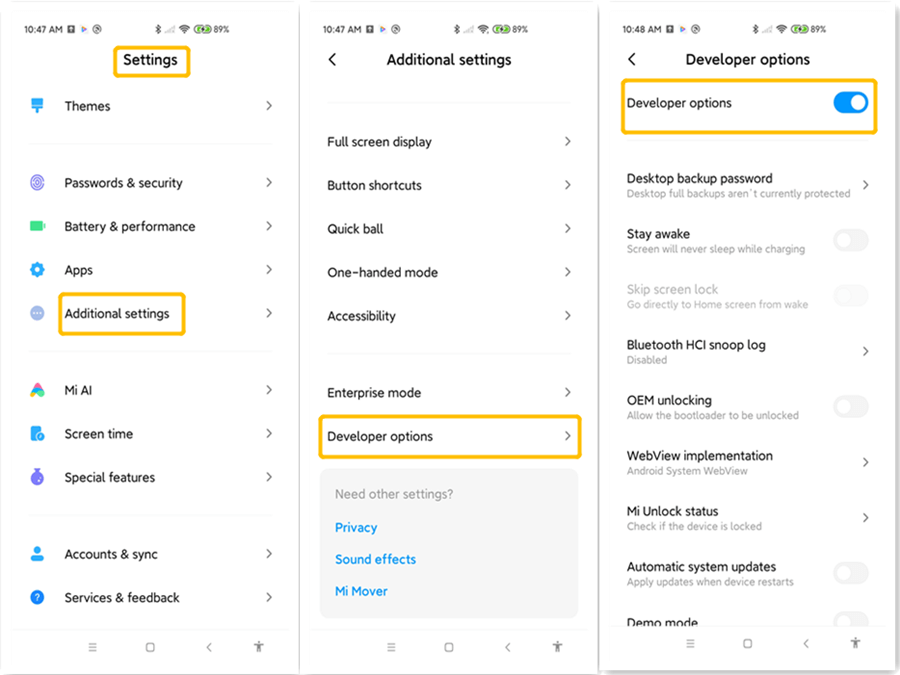 turn on developer options