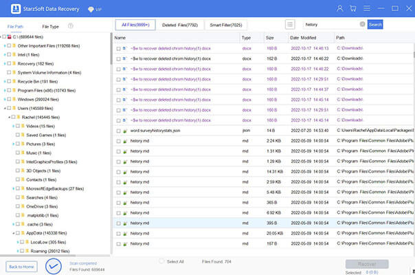 Finishing recovering deleted chrome history using SatrzSoft Data Recovery