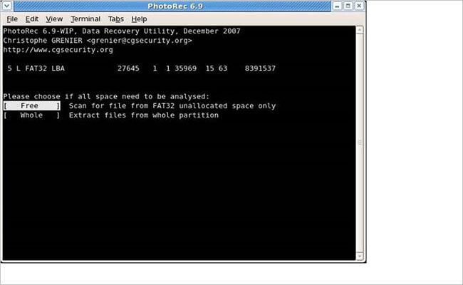 choose free to recover in PhotoRec