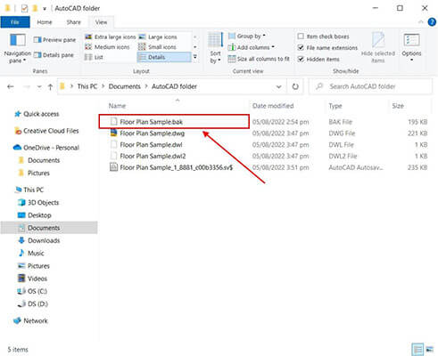 how to recover deleted autocad files via bak files
