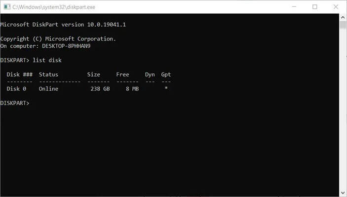 type Disk List to show all the installed drives