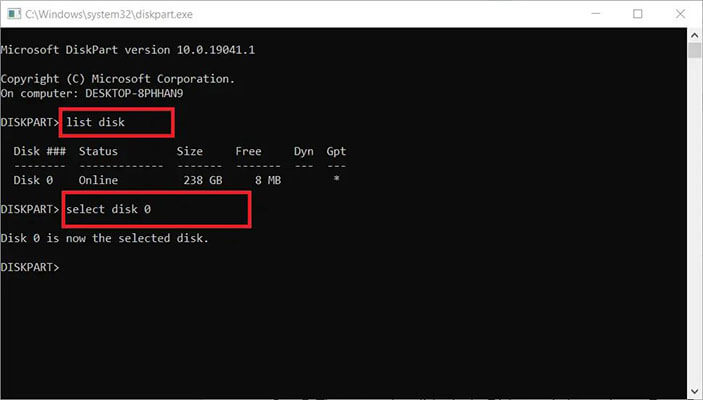 Type Select with the SD Card's disk number