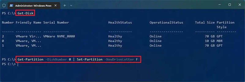 change drive letter in windows 10 Via Windows PowerShell