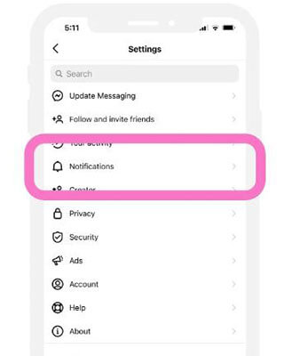 look for the Notifications option in instagram
