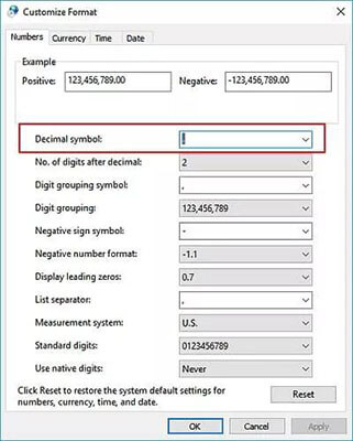 find the “Decimal Symbol” option